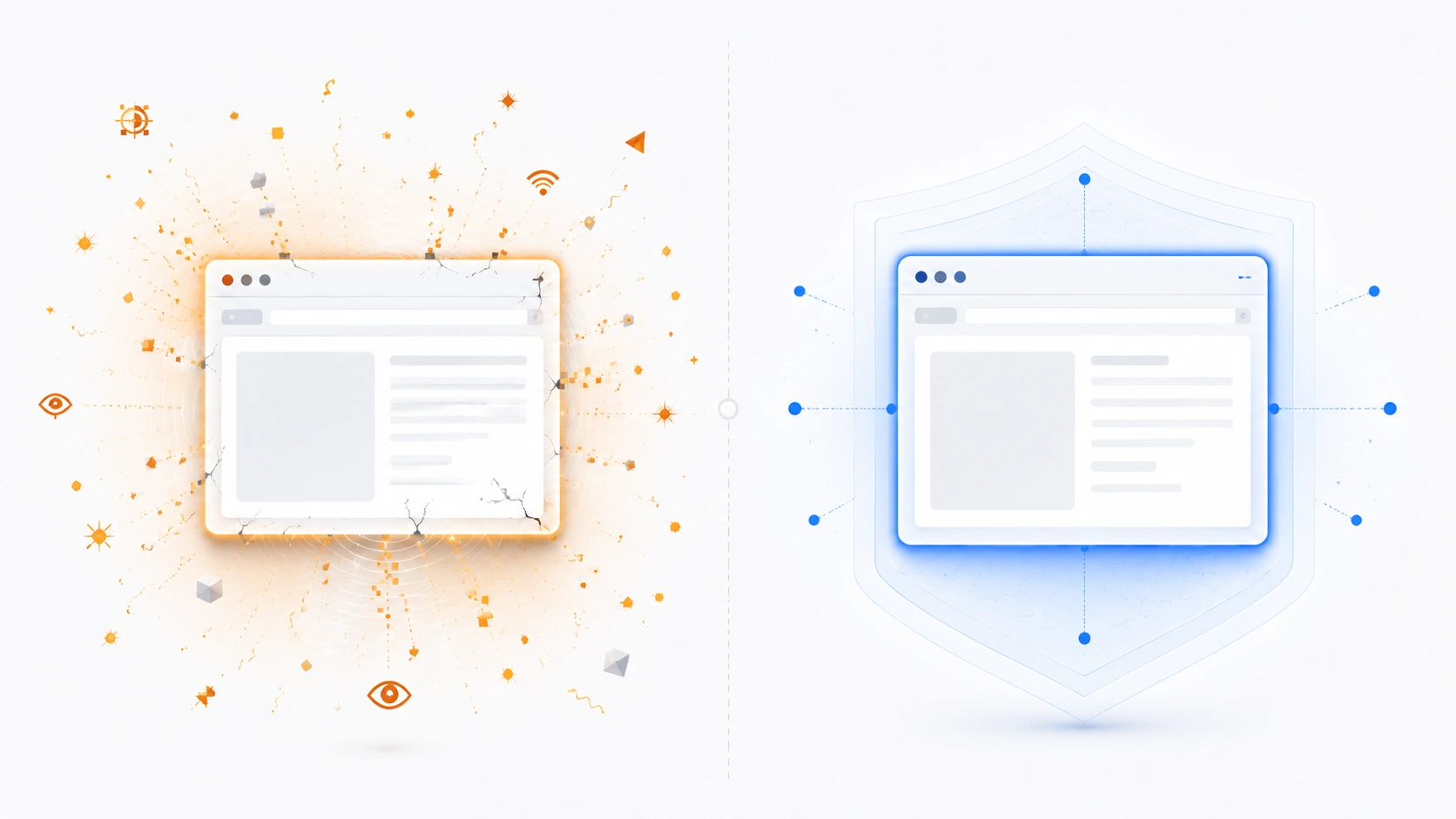 Split comparison of a default headless browser session versus a hardened one, highlighting navigator.webdriver, canvas fingerprint, and timing signal leaks